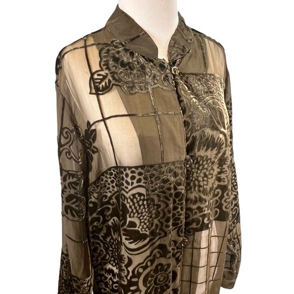 Coldwater Creek Olive Sheer Velvet Burnout Floral Long Sleeve Tunic Blouse Large - Picture 3 of 5